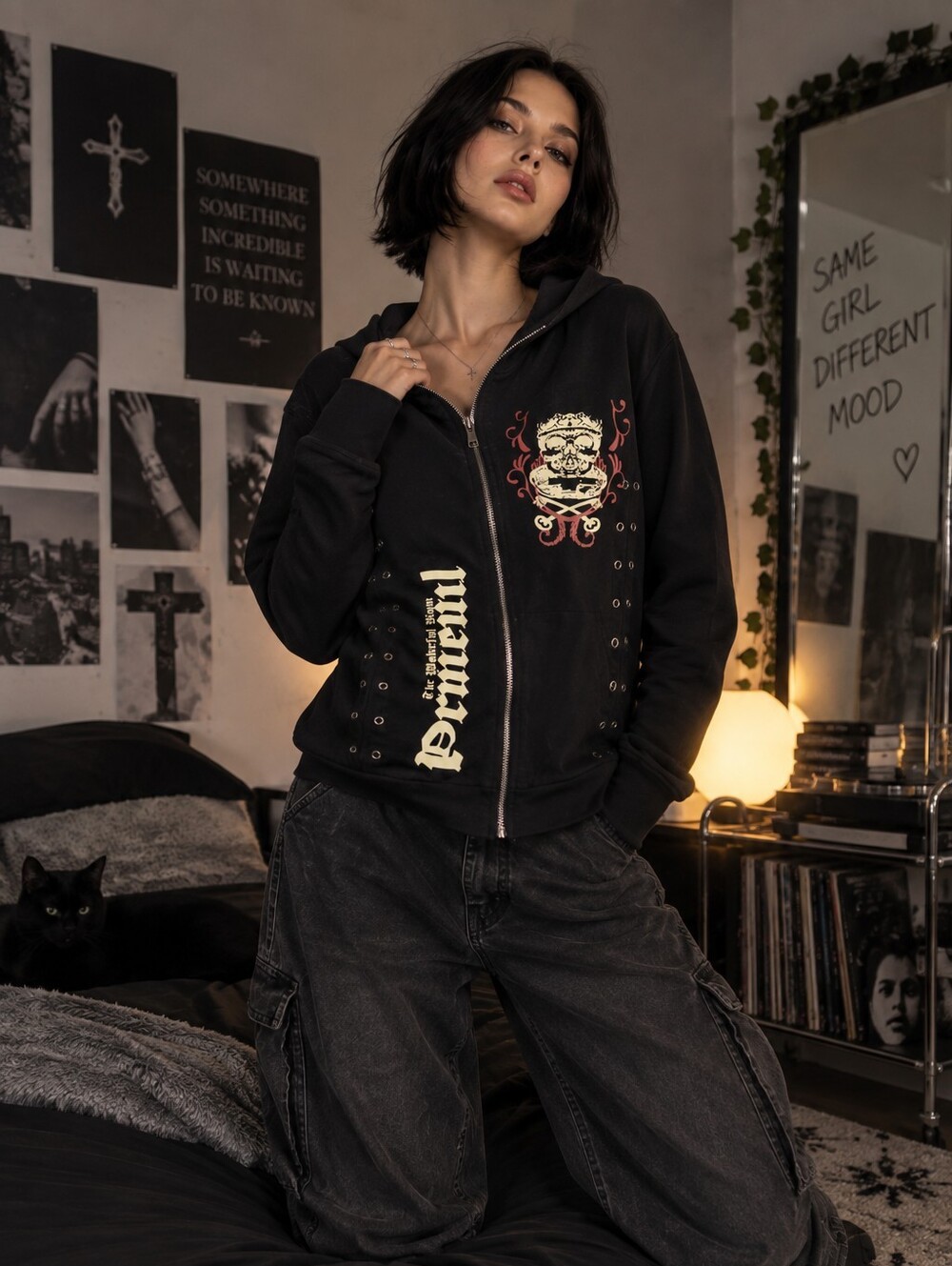 Primevil Y2K Gothic Skull Graphic Eyelet Zip Up Jacket Top Black S